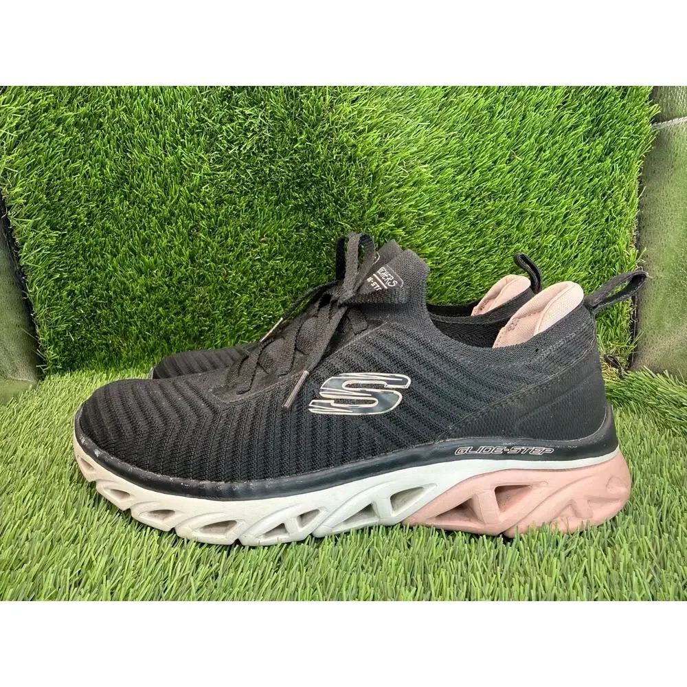 Skechers Glide-Step 149553-BKPK Athletic Sneaker Womens 8 Black Knit Gym Running